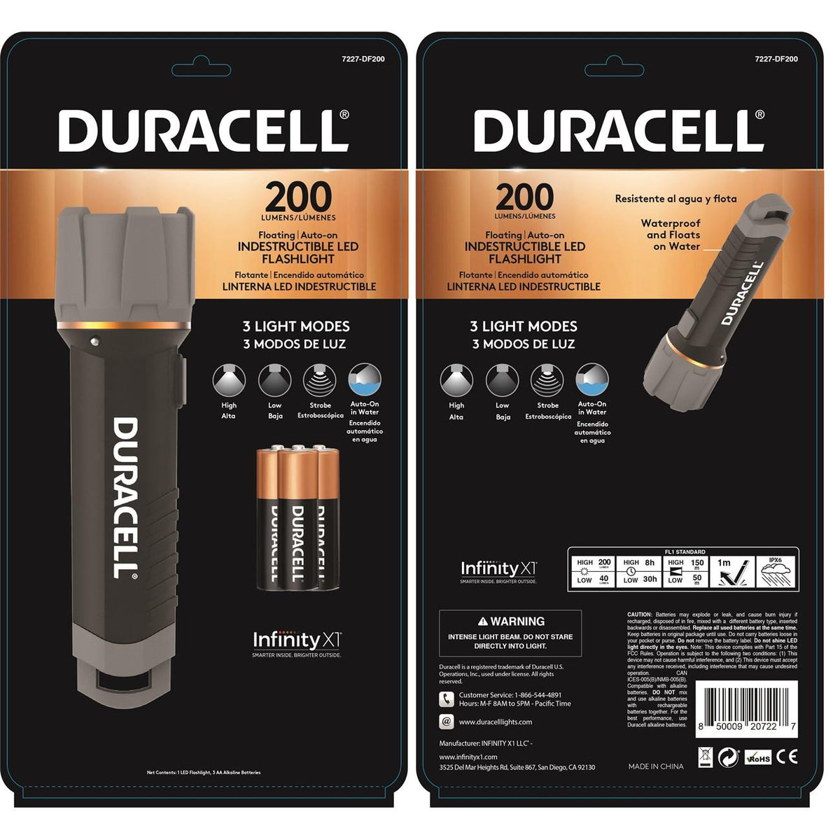 Duracell 7227-DF200  Indestructible Floating LED Flashlight, 200 Lumens, 3-AA