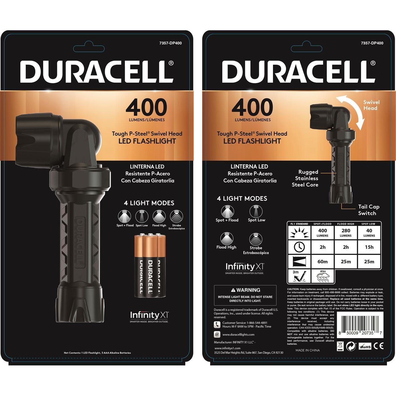 Duracell 7357-DP400  P-Steel Swivel LED Flashlight, 400 Lumens, 4 Modes, 3-AAA