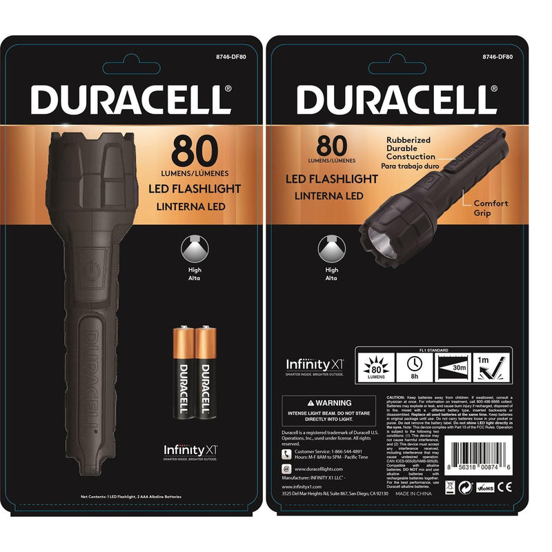 Duracell 8746-DF80  Rubber LED Flashlight, 80 Lumens, 2 Modes, 2-AAA