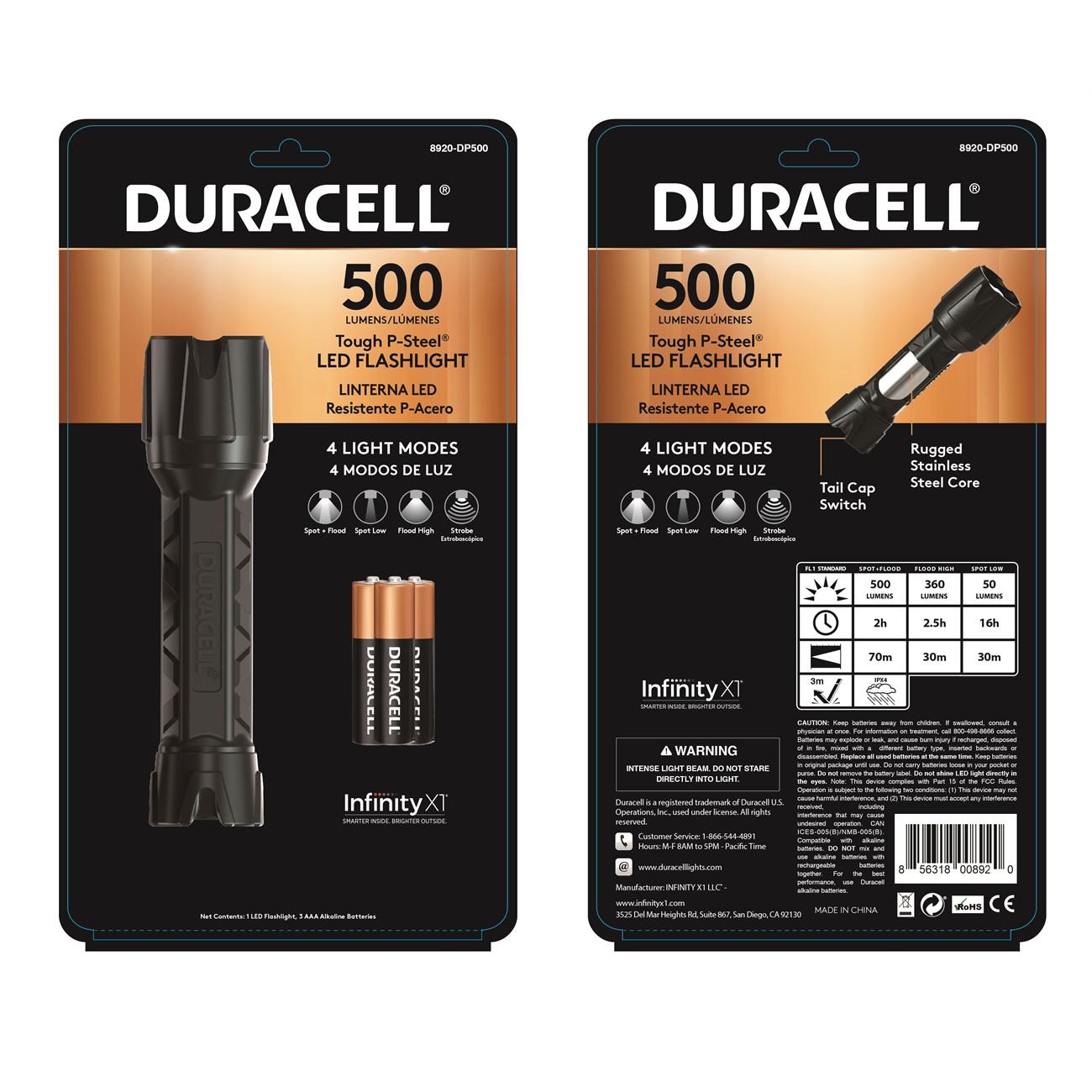 Duracell 8920-DP500  Tough P-Steel LED Flashlight, 500 Lumens, 4 Modes, 3-AAA