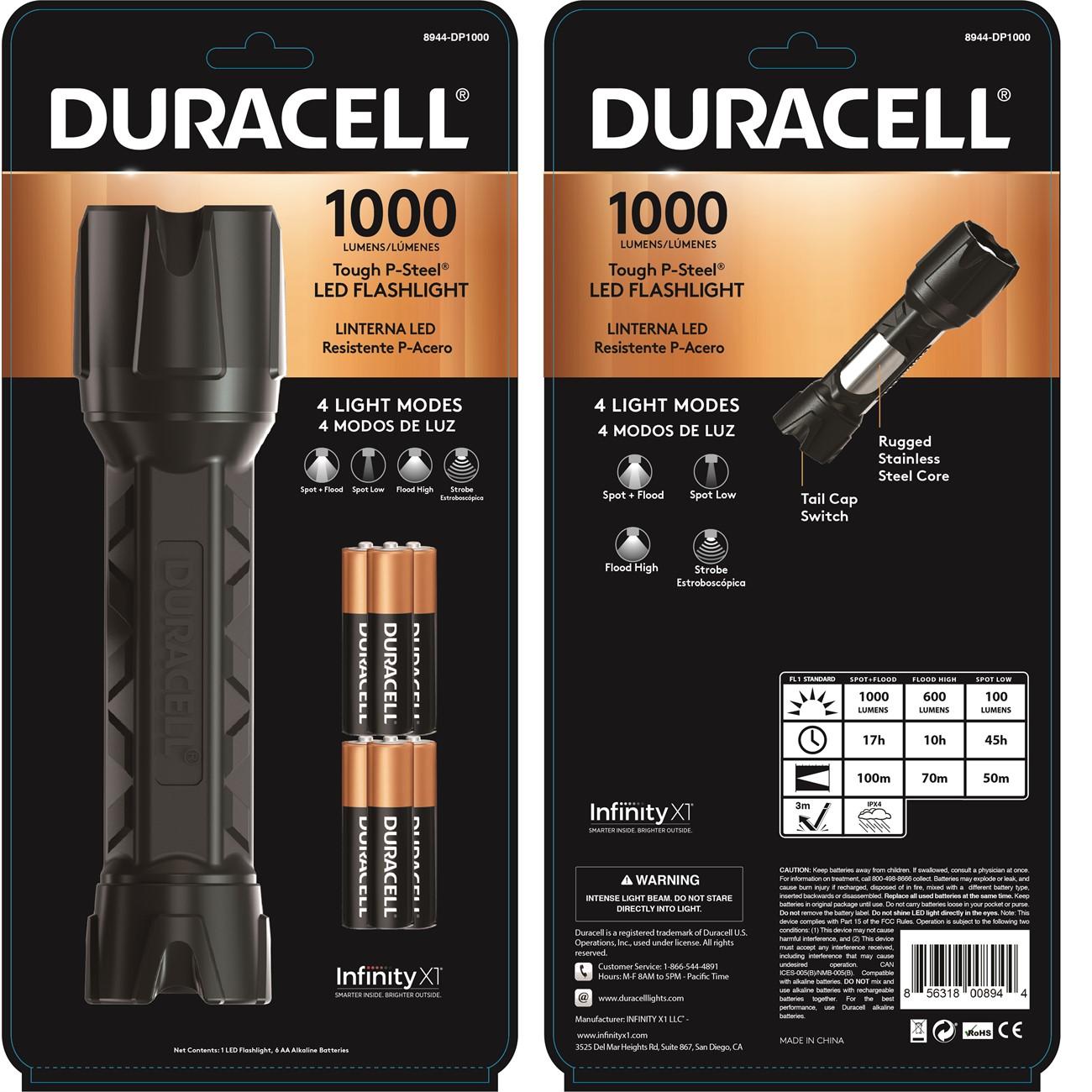 Duracell 8944-DP1000  Tough P-Steel LED Flashlight, 1000 Lumens, 4 Modes, 6-AA