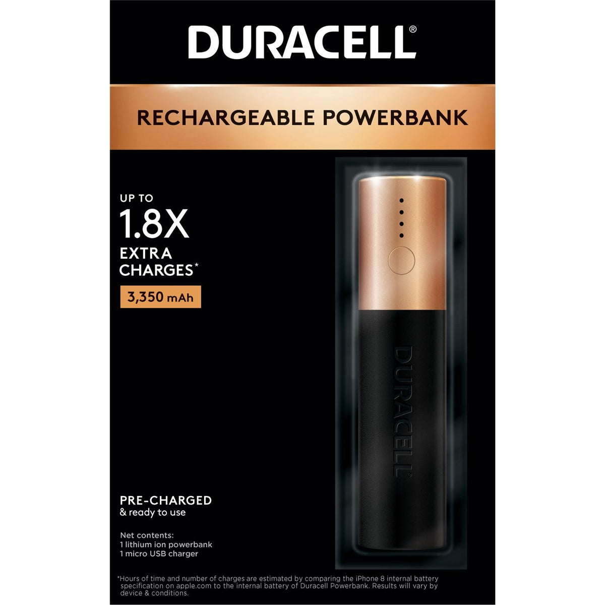 Duracell PB1  PowerBank 1 Day Mobile Battery Charger, Up to 1.8X Extra Charges