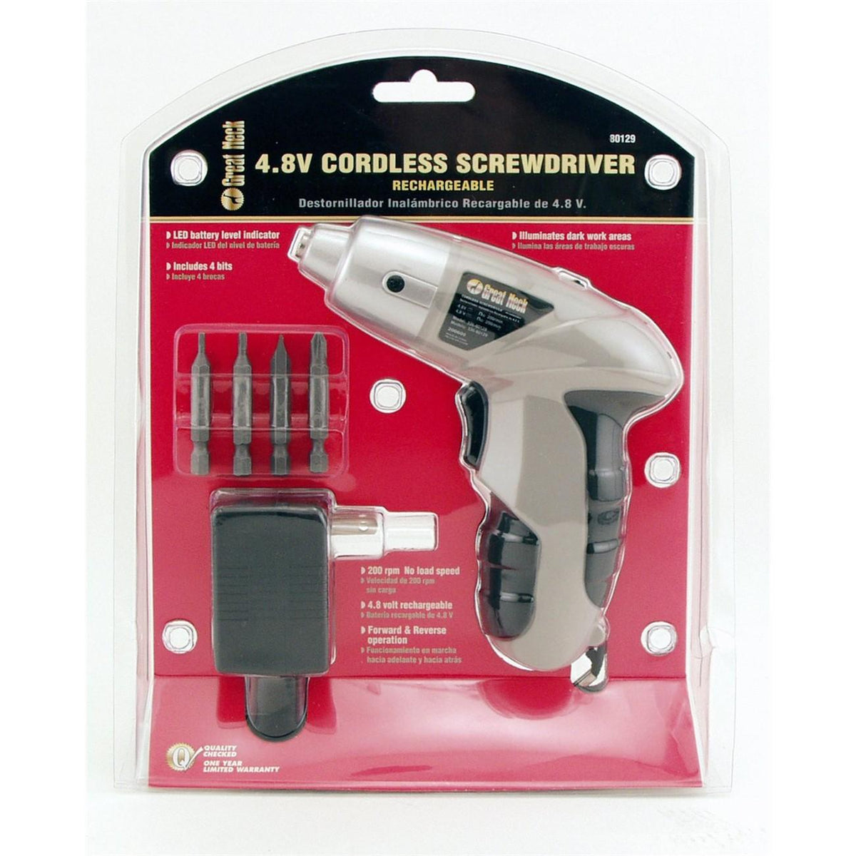 Great Neck 80129 GreatNeck 4.8 Volt Cordless Screwdriver, LED Light, 200 RPM No Load Speed