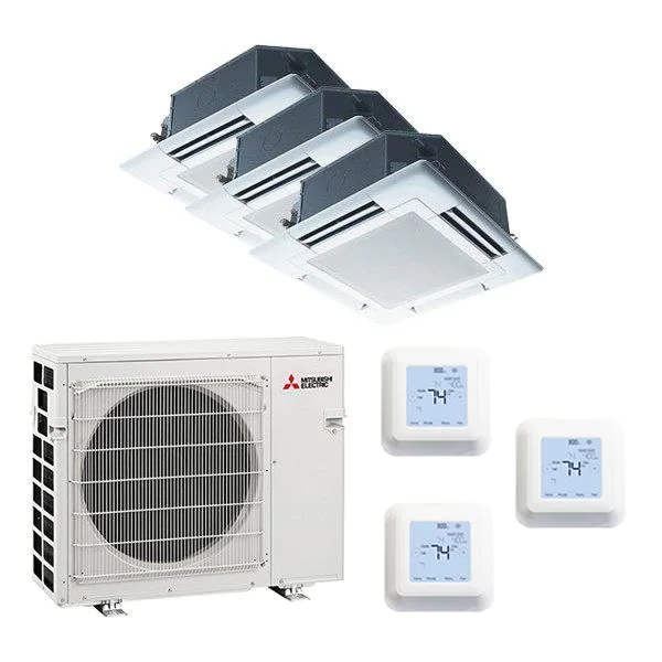 Mitsubishi 28,600 BTU 3 Zone Ceiling Cassette Ductless Mini-Split Heat Pump System - 16.2 SEER (9K+9K+9K)