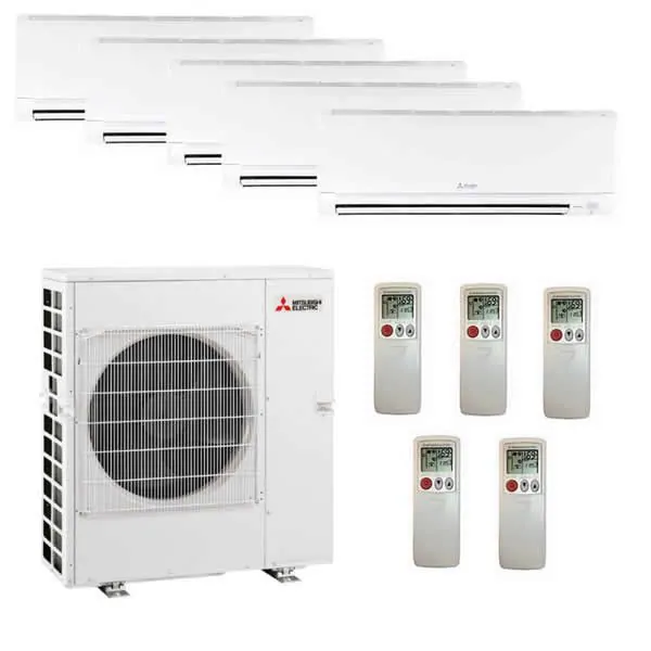 Mitsubishi 42,000 BTU 5 Zone Wall Mounted Ductless Mini-Split Heat Pump System - 19.7 SEER (9K+9K+9K+12K+15K)