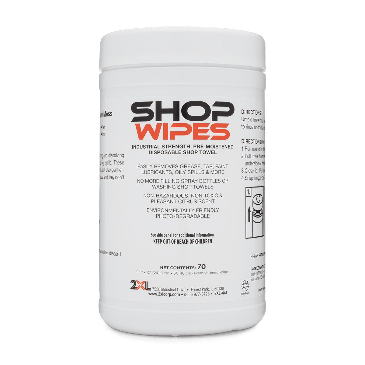 2XL 2XL441441  Wet Wipes, 70 ct, Surface, Shop, Meltblown, 9.5 x 12 Inch, Canister