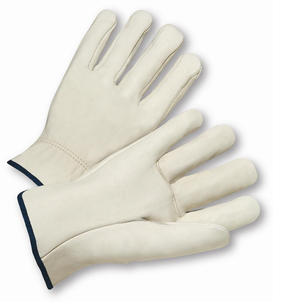 West Chester 990I/L Grain cowhide leather driver glove - straight thumb - shirred elastic wrist - gunn cut - cotton hem color coded for size