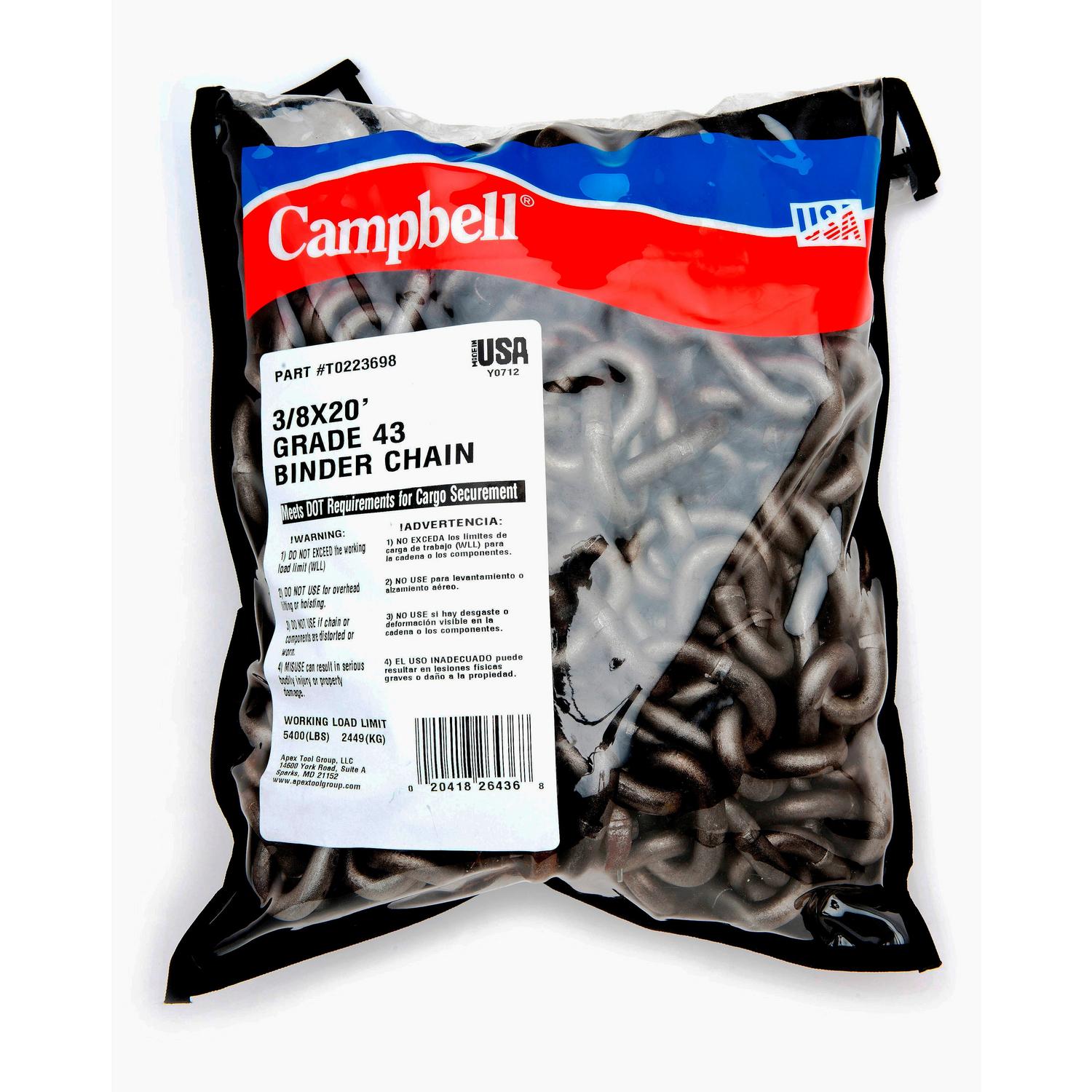 Campbell T0222725 3/8" x 16' Grade 43 High Test Binder Chain w/Clevis Grab Hooks - 1 per Bag