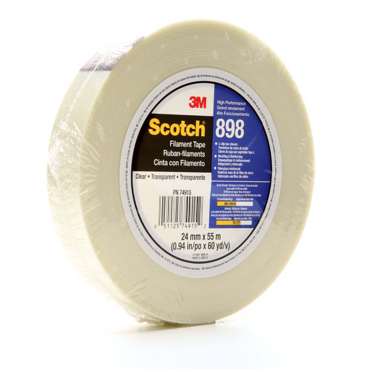 3M 70006788056 Scotch Filament Tape 898 Clear - 24 mm x 55 m - 36 individually wrapped rolls per case Conveniently Packaged