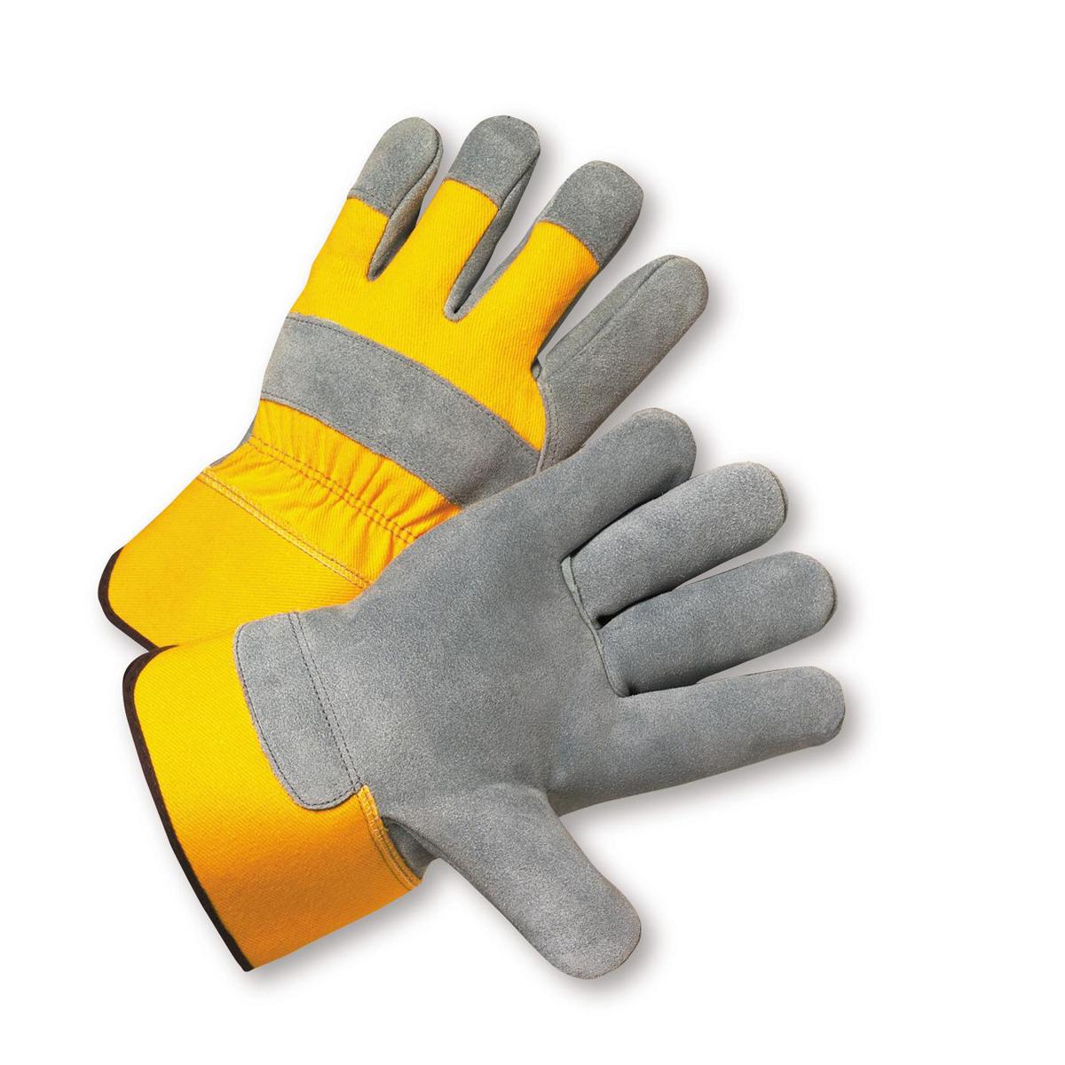 West Chester 500Y/XXL Split cowhide leather palm - fingertips and knuckle strap gloves - rubberized safety cuff - yellow canvas back - cotton hem color coded for size