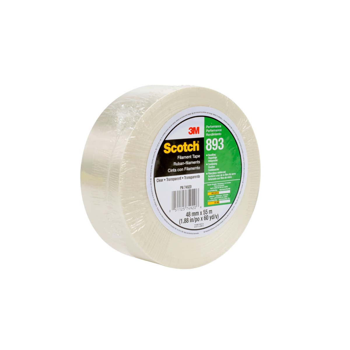 3M 7000028932 Scotch Filament Tape 893 Clear, 48 mm x 55 m, 24 rolls per case