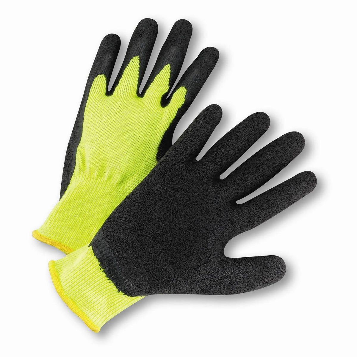 West Chester HVG700SLC/XL High -Visibility cotton/polyester knit liner with black latex palm coating.