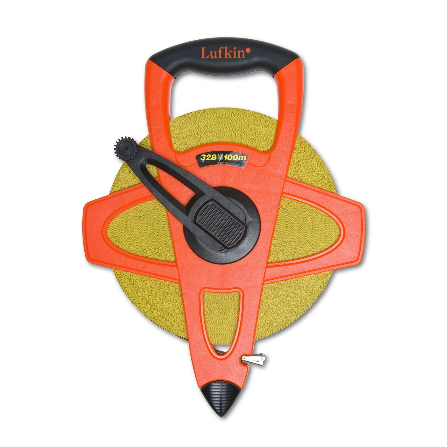 Lufkin FM100CME 1/2" x 100m/328'  Hi -Viz Orange Fiberglass SAE/Metric Dual Sided Tape Measure