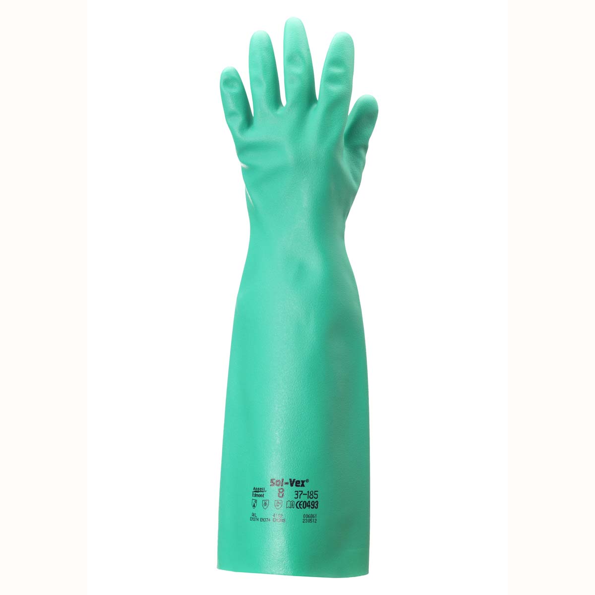 Ansell 37-185-8 SOLVEX 18" 22mil - Green - Unlined - Nitrile Rubber Glove - Sandpatch Grip - Straight Cuff - Sz 8