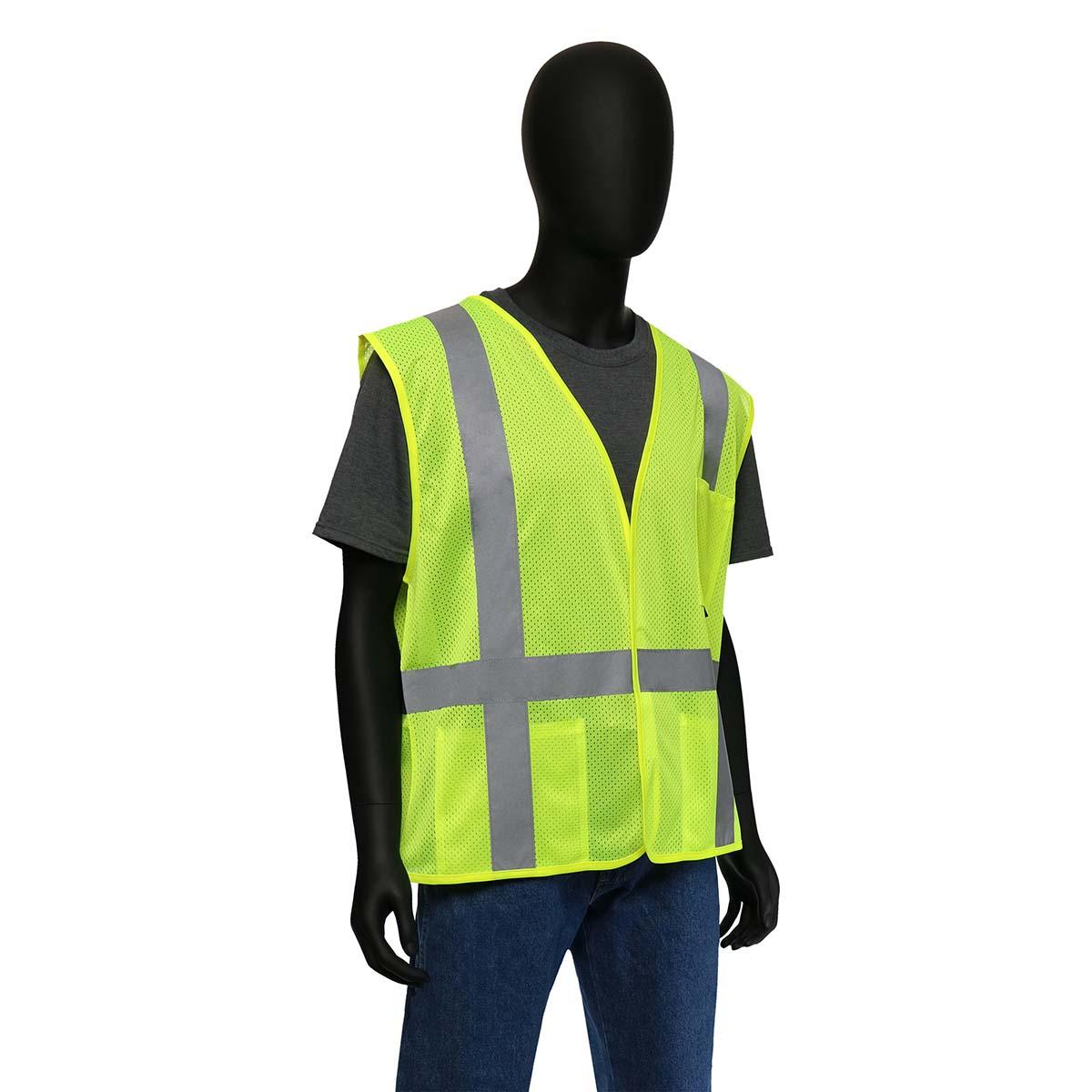 West Chester 47217/M ANSI Class II Self Extinguishing Vest with 2" Silver Reflective Tape. 100% Polyester Lime Green Mesh.