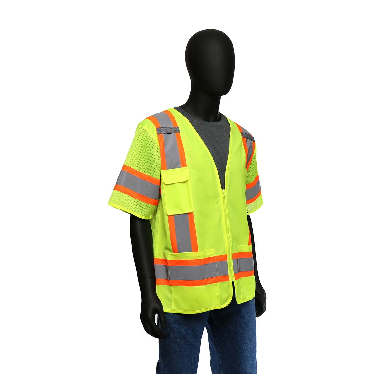 West Chester 47306/L ANSI Class III Surveyor Vest with 6 storage pockets and ventilated mesh back. 100% Polyester Hi -Vis Green.