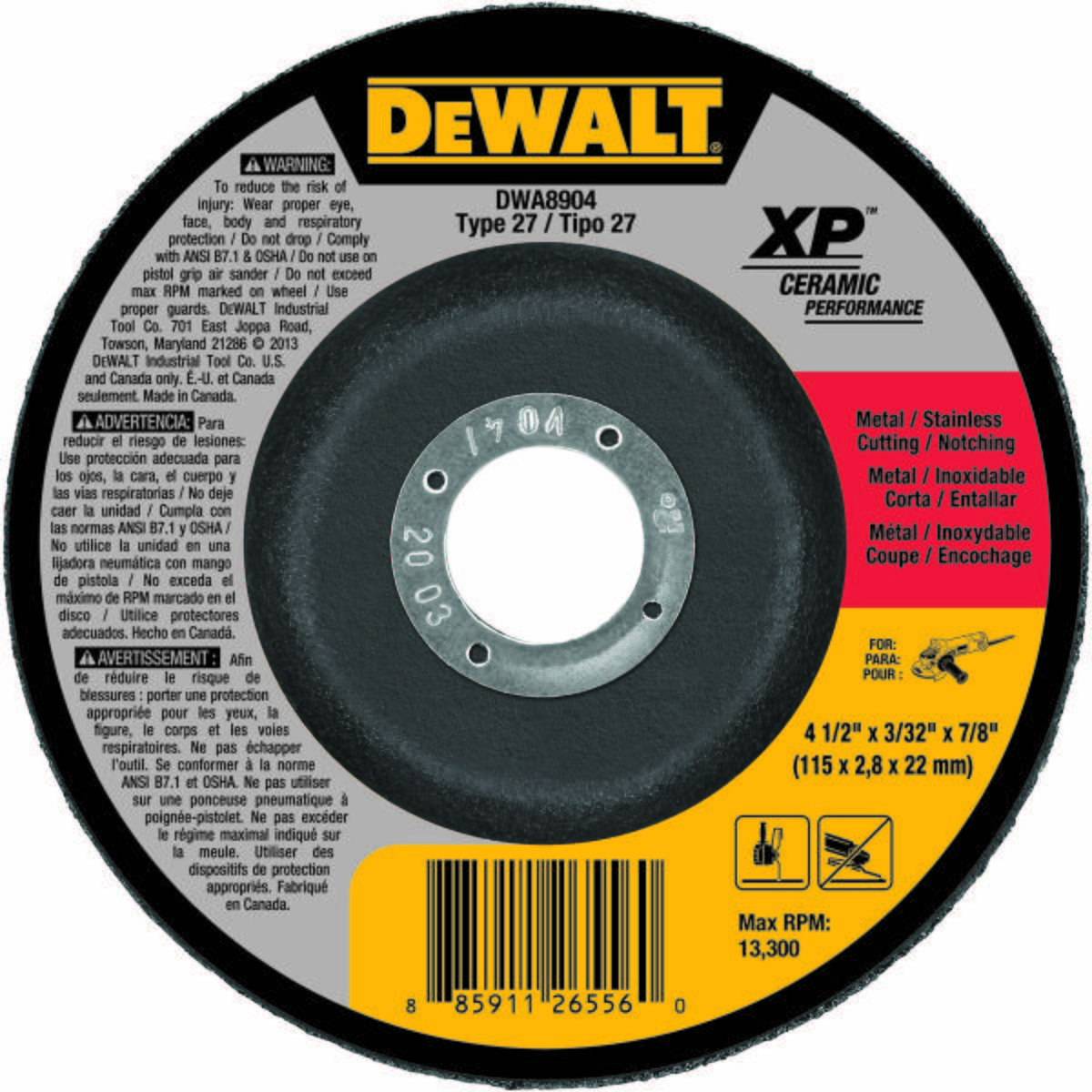 Dewalt DWA8904 4-1/2" x 3/32" x 7/8" Ceramic Abrasive