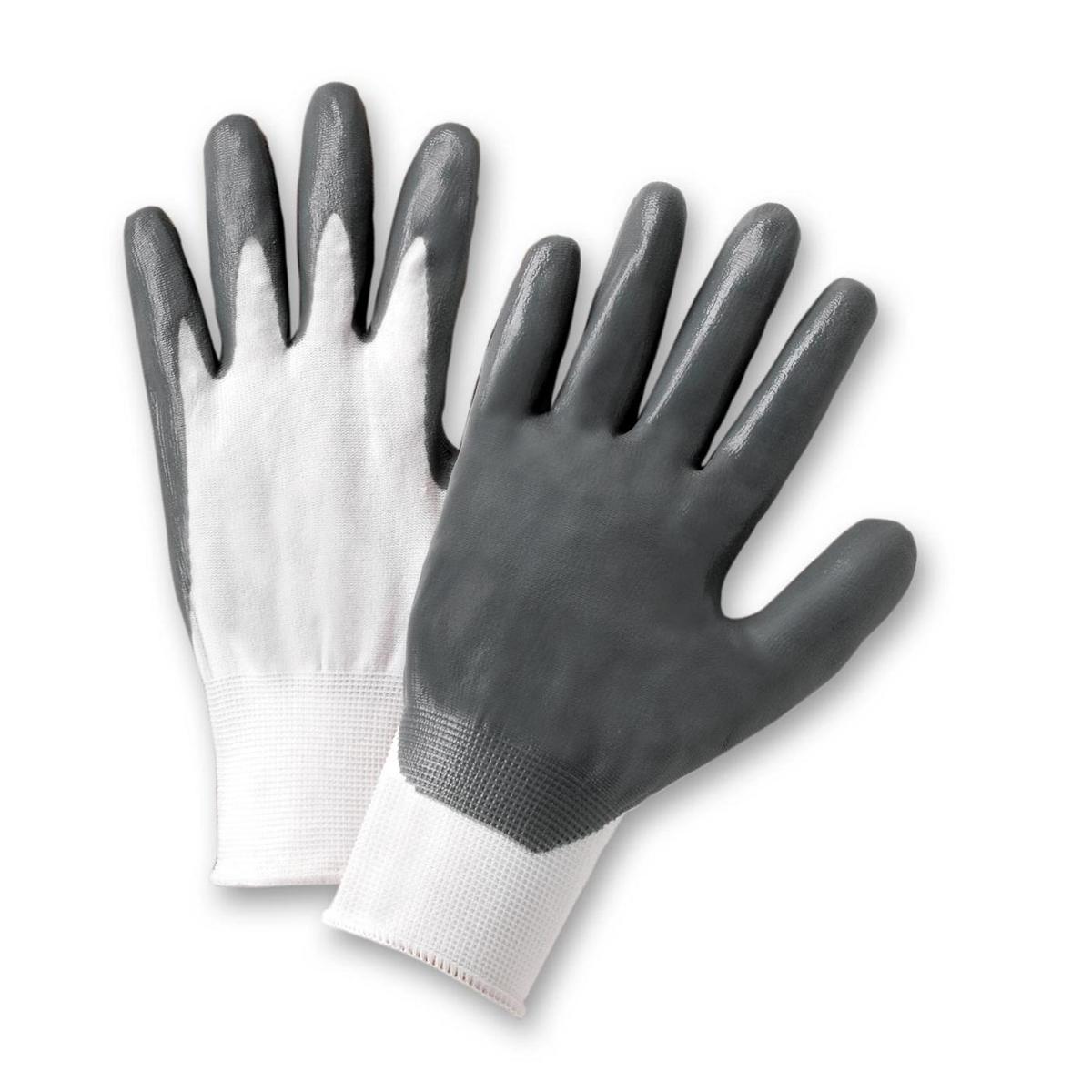 West Chest 713SNC/8 Standard gray nitrile on a white nylon knit shell, knit wrist, machine washable