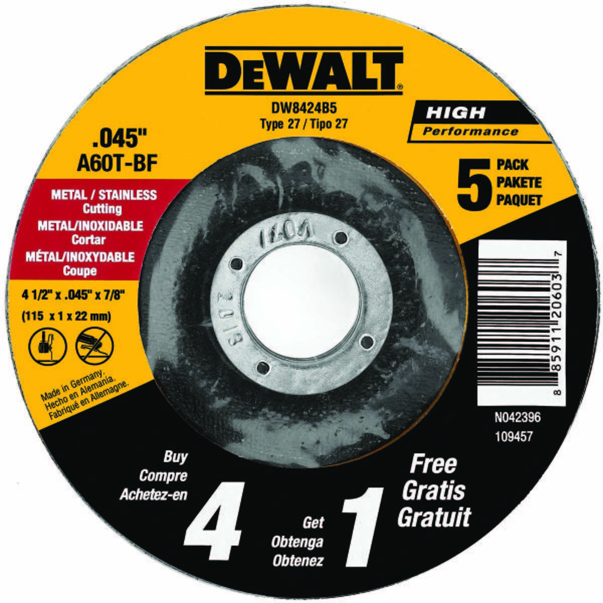 DeWalt DW8424B5 4 -1/2"x.045"x7/8" THIN CUTTING WHL DCW 5